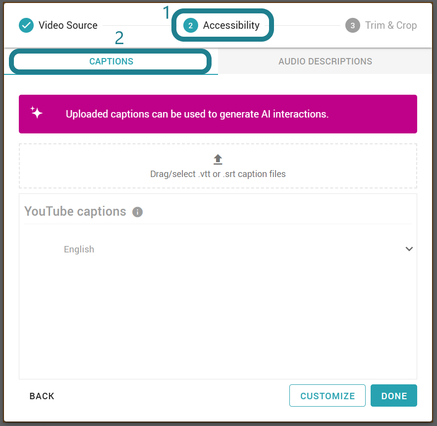 Switch to the Accessibility tab, and view or upload captions to the video segments.
