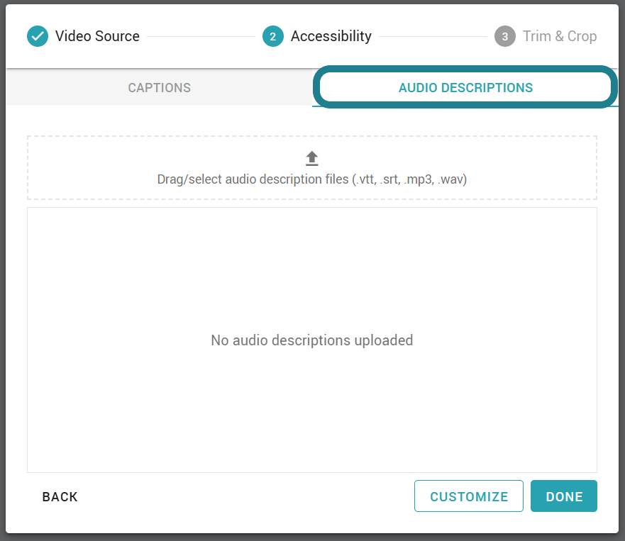 Switch to the Audio Descriptions tab under the Accessibility tab to add audio descriptions to the video segments.