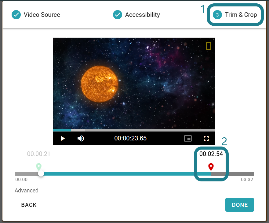 Switch to the trim and crop tab, then use the flags to trim the imported video.