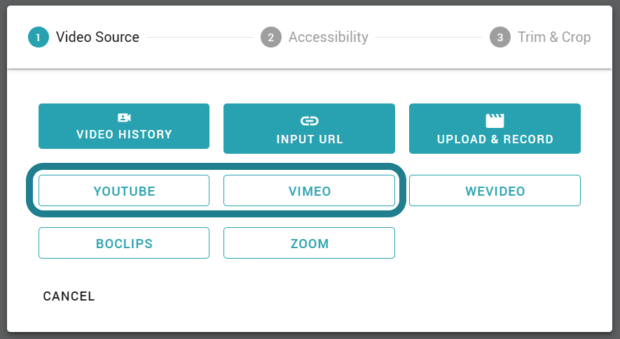 Select the YouTube or Vimeo option from the video source list.