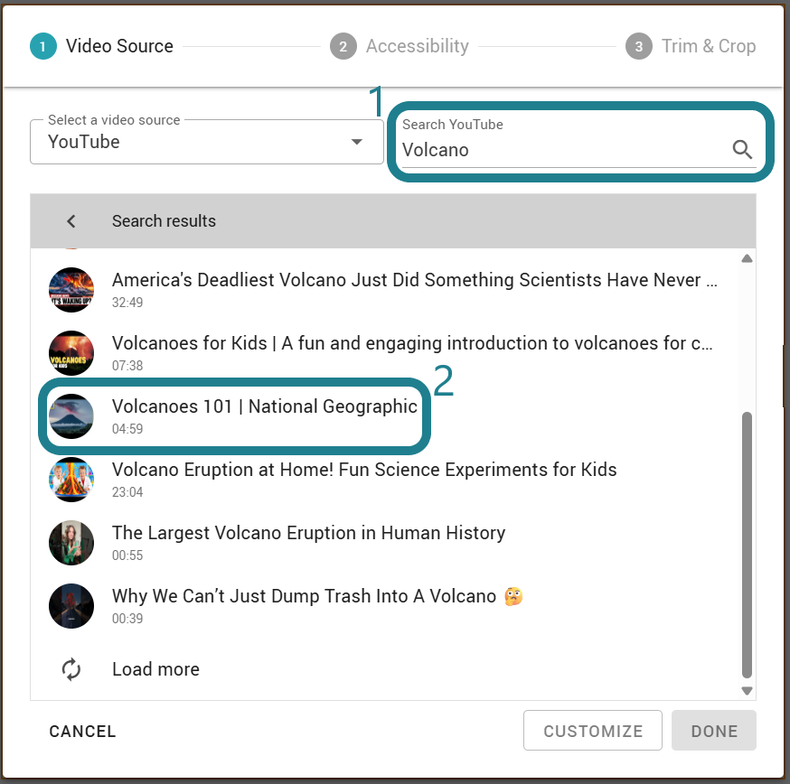 Search videos by keywords and click on the video you want to use.