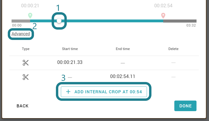 Move the play head to the desired timestamp, expand the advanced setting, and click the Add Internal Crop.