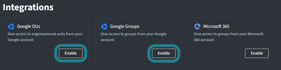 Click the enable button to enable the Google integration.