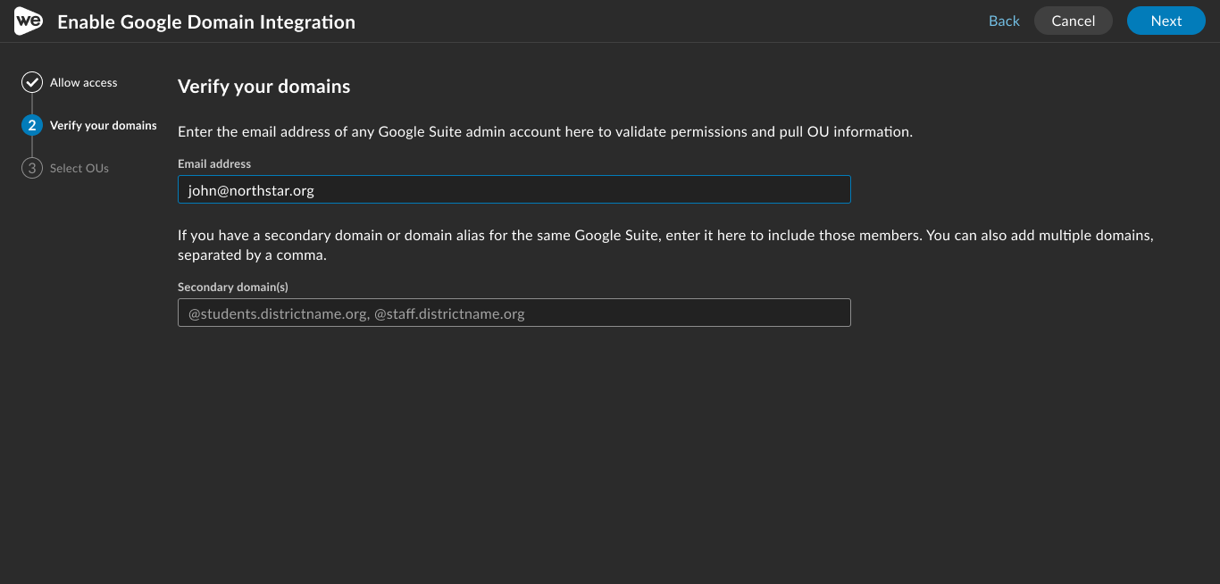 Enter the email for the Google admin and any subdomain if needed.
