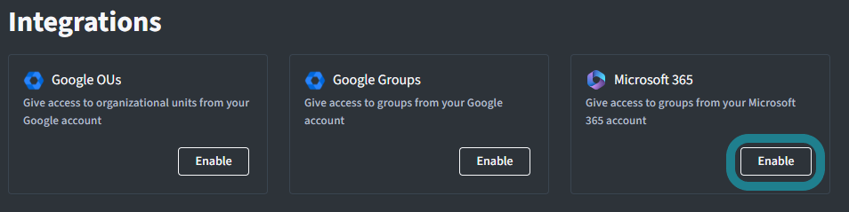 Click the enable button to enable the Microsoft 365 integration.