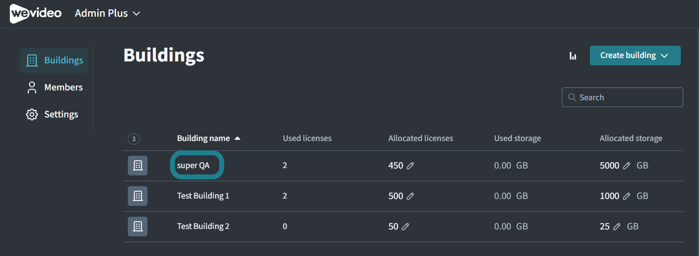 Click the building name to open its building admin page.