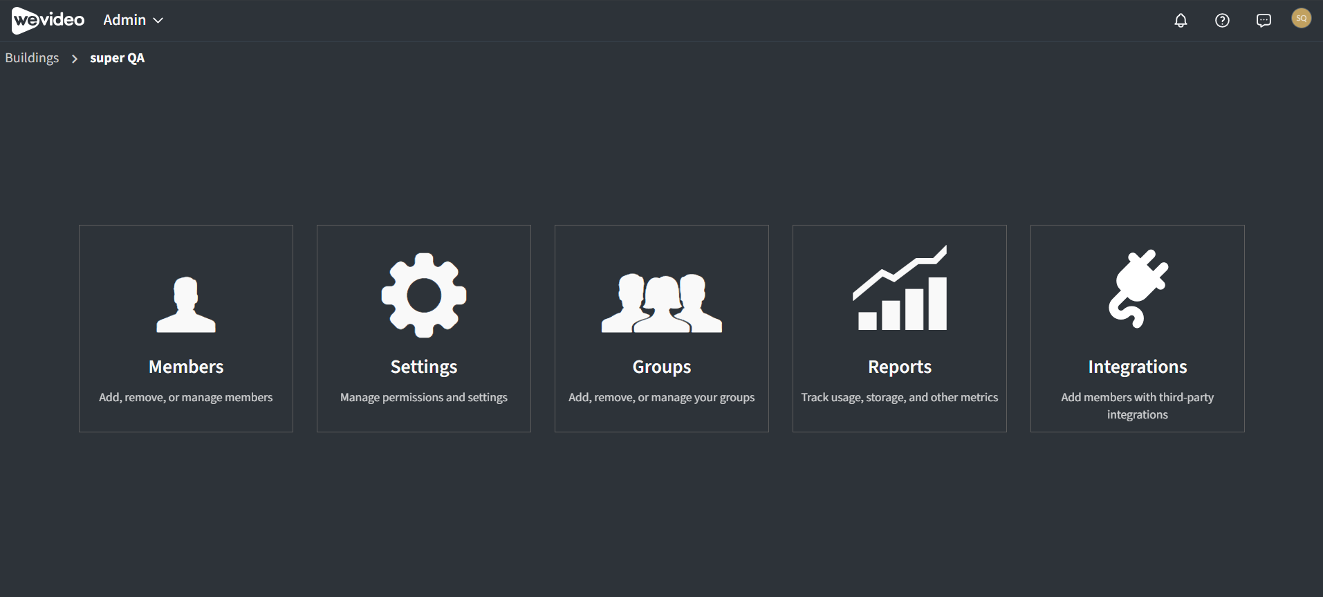 On the building admin page, you can adjust the members, settings, groups, and integrations for the building.