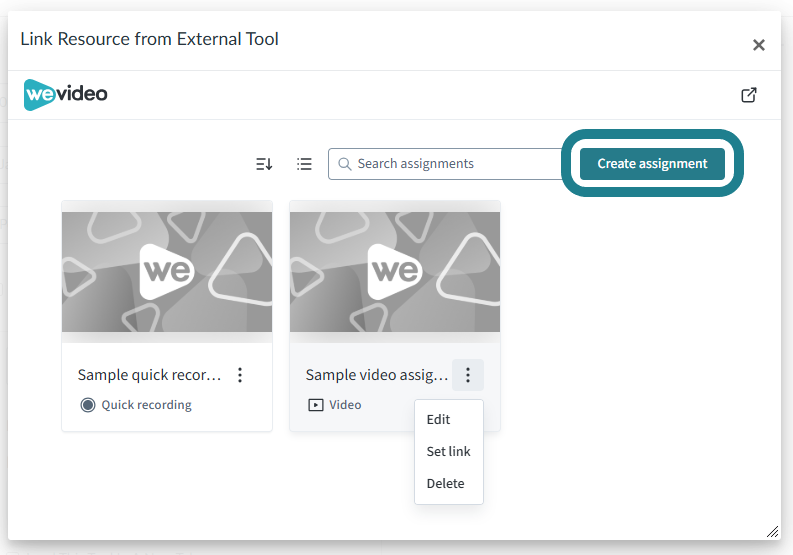 Click the Create Assignment button to create a new assignment.