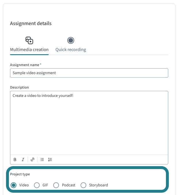 Adjust the assignment settings for the Multimedia Creation assignment.