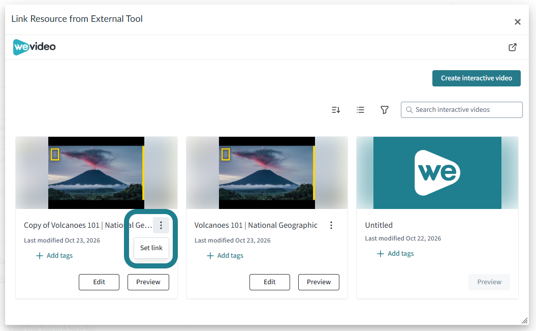 Click the triple-dot action button and select the set link option to link the interactive video to Canvas.