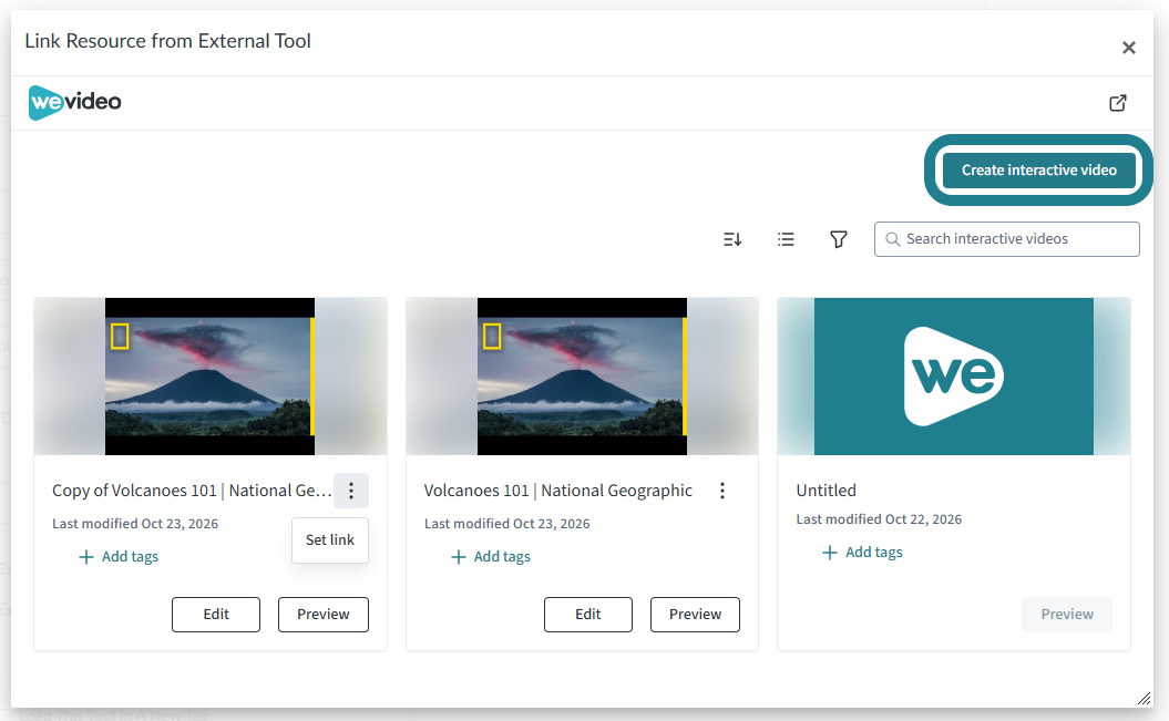 Click the create interactive video button to create a new interactive video