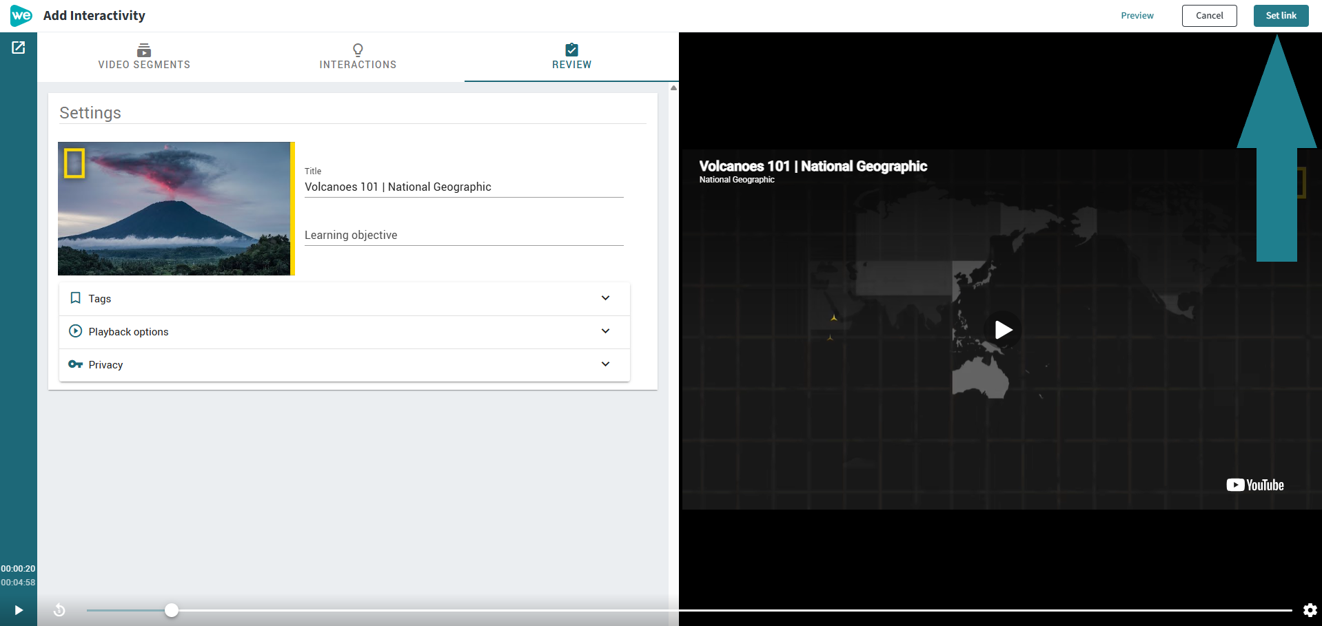 Click the Set Link button to link the interactive video to Canvas.