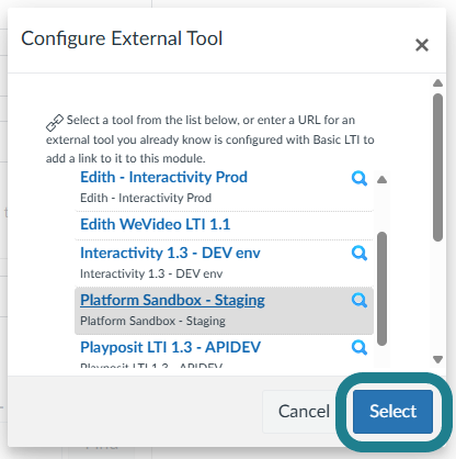 Click the Select button to link the interactive video to Canvas.