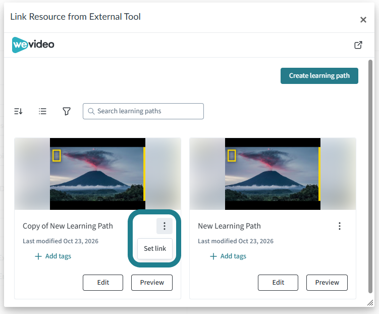 Click the triple-dot action button and select Set Link to link the learning path to Canvas.