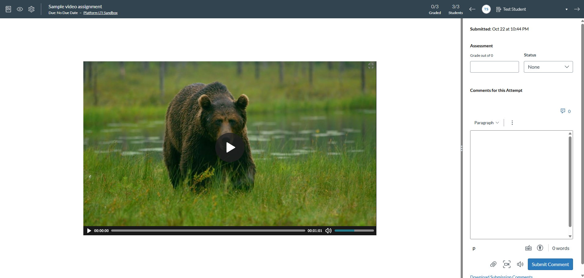 Watch the submissions and assign points to learners from the speedgrader.