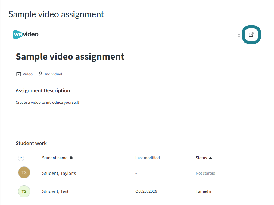 Click the new tab icon to open the student work page in a new tab.