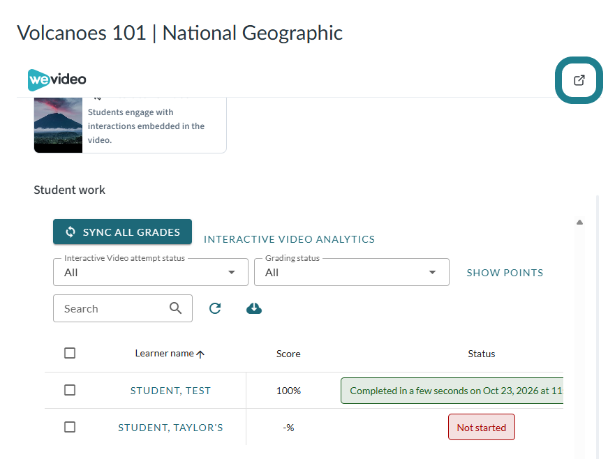 Click the new tab icon to open the student work page in a new tab.