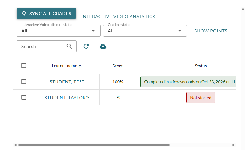 The monitor page for the interactive video and learning path assignments.