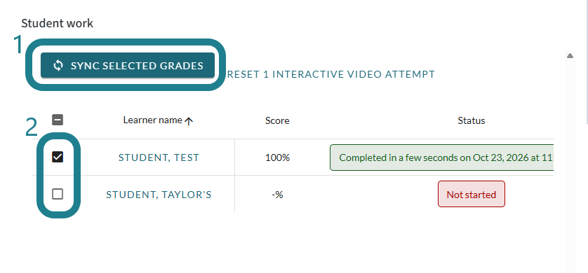 Select the learners and click Sync Grades to only sync grades for the selected learners.