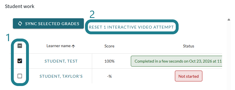 Select the learners and click Reset interactive video attempt to reset their submission and let them retake the interactive video.