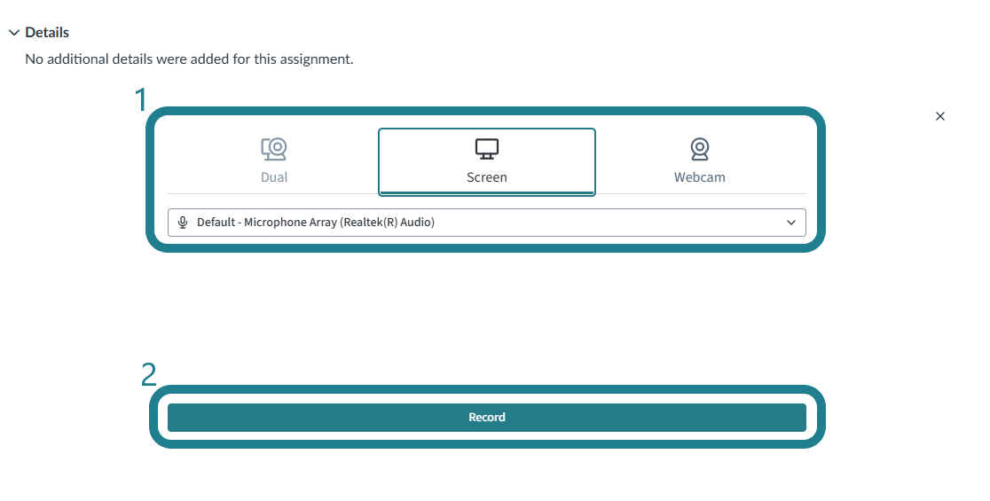 Select the recording option from the list and click Record.