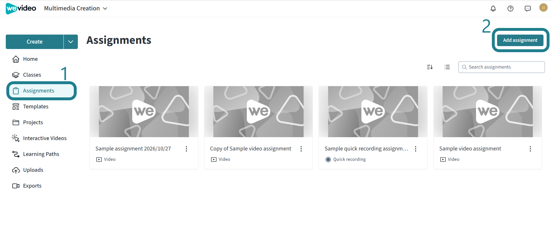 Go to the Assignments page in WeVideo and click the Add assignment button.