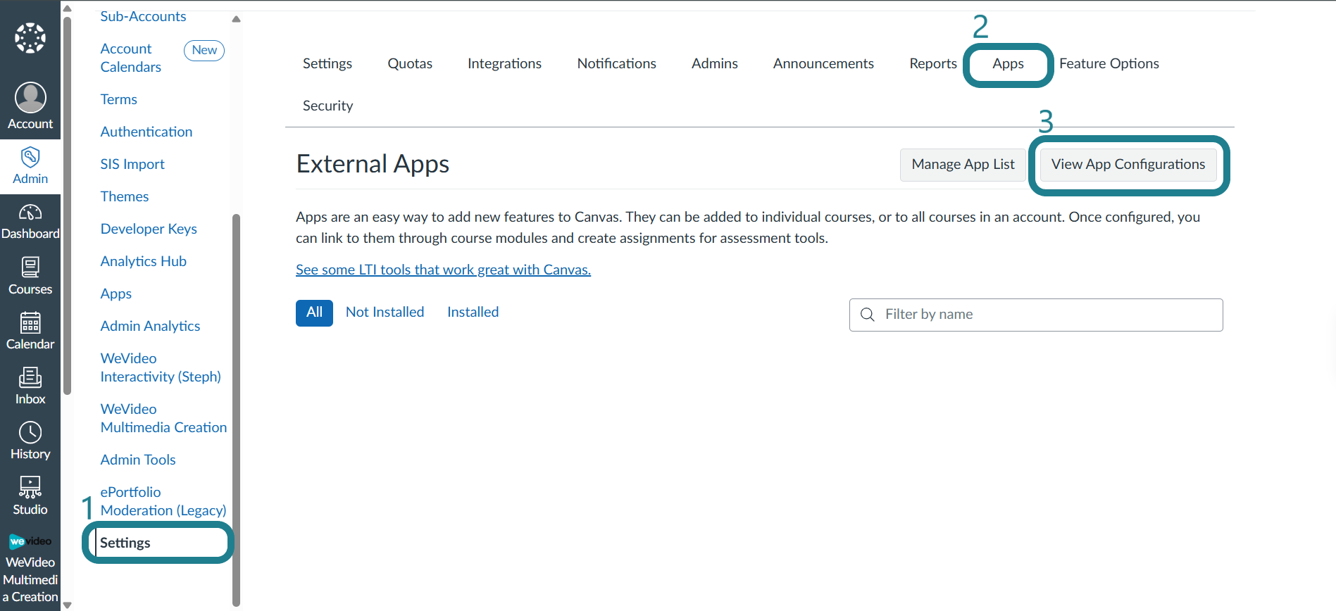 Switch to the settings tab in the Canvas Admin page, select the App option, and click View App configurations.
