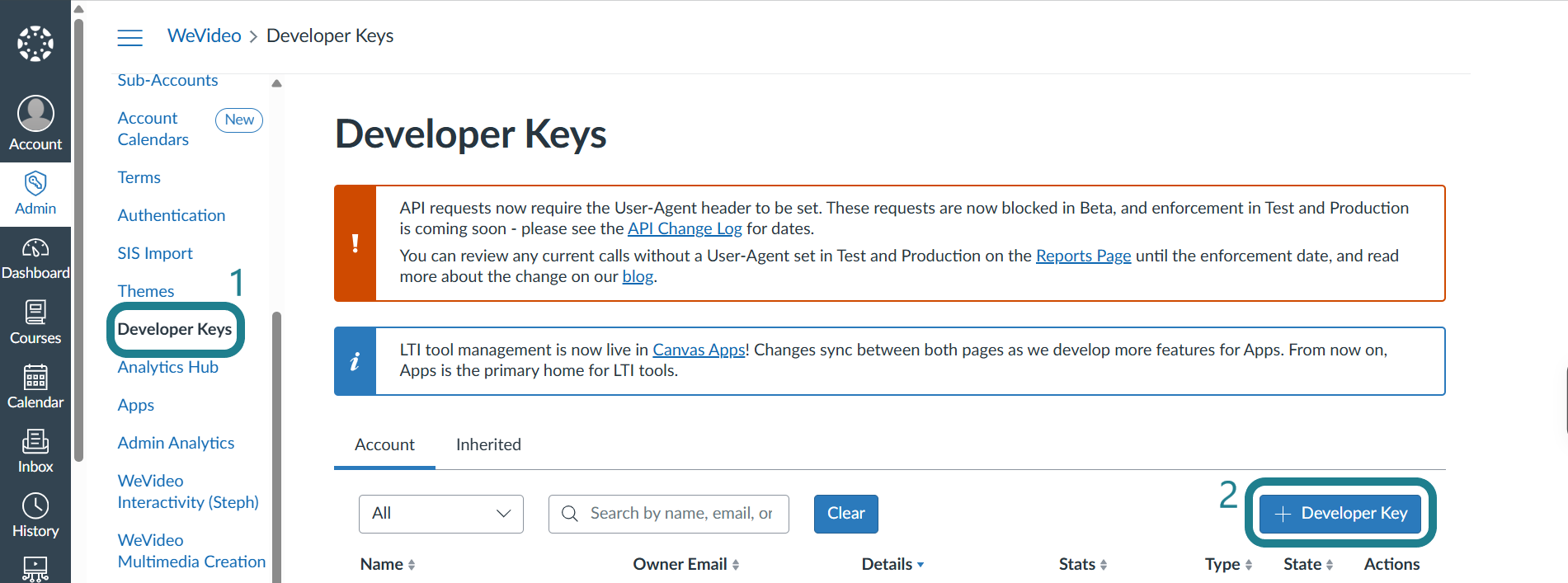 Select the developer keys tab and click the add  developer key button.